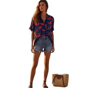 NWT Wildfang ‘The Empower’ Short Sleeve Button Up Shirt in Blue/Orange Size L